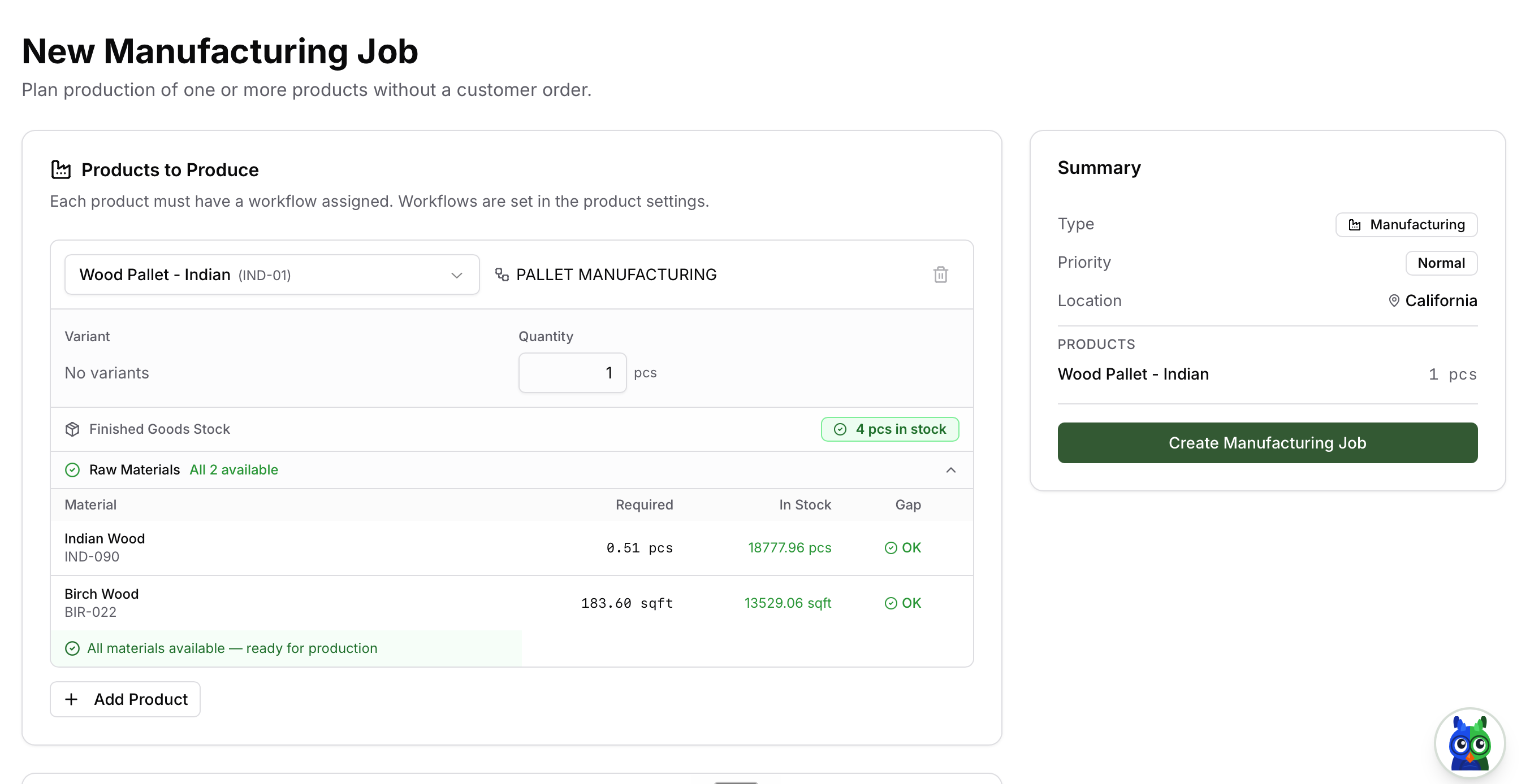 Production job detail with workflow progress