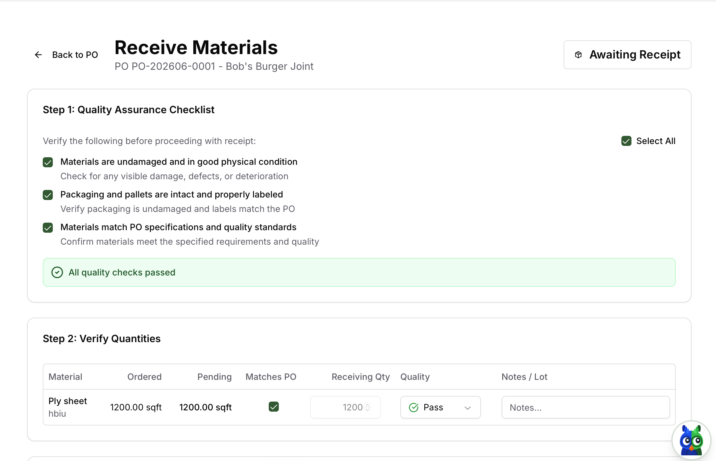 Receiving materials against a purchase order